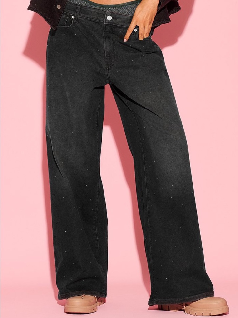 VS DENIM BY PINK MID-RISE BAGGY WIDE-LEG JEANS - Black Wash w/ Rhinestones